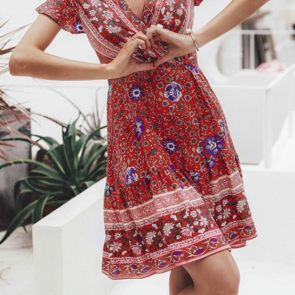 Red Mini Blue Floral Ruffle Wrap Dress - Picture 10 of 14